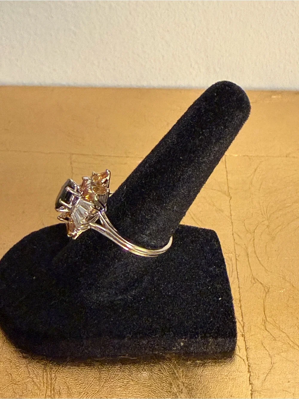 Vintage 18kWhite Gold Blue Sapphire Ring w/ Natural Orangey Diamonds & Baguett